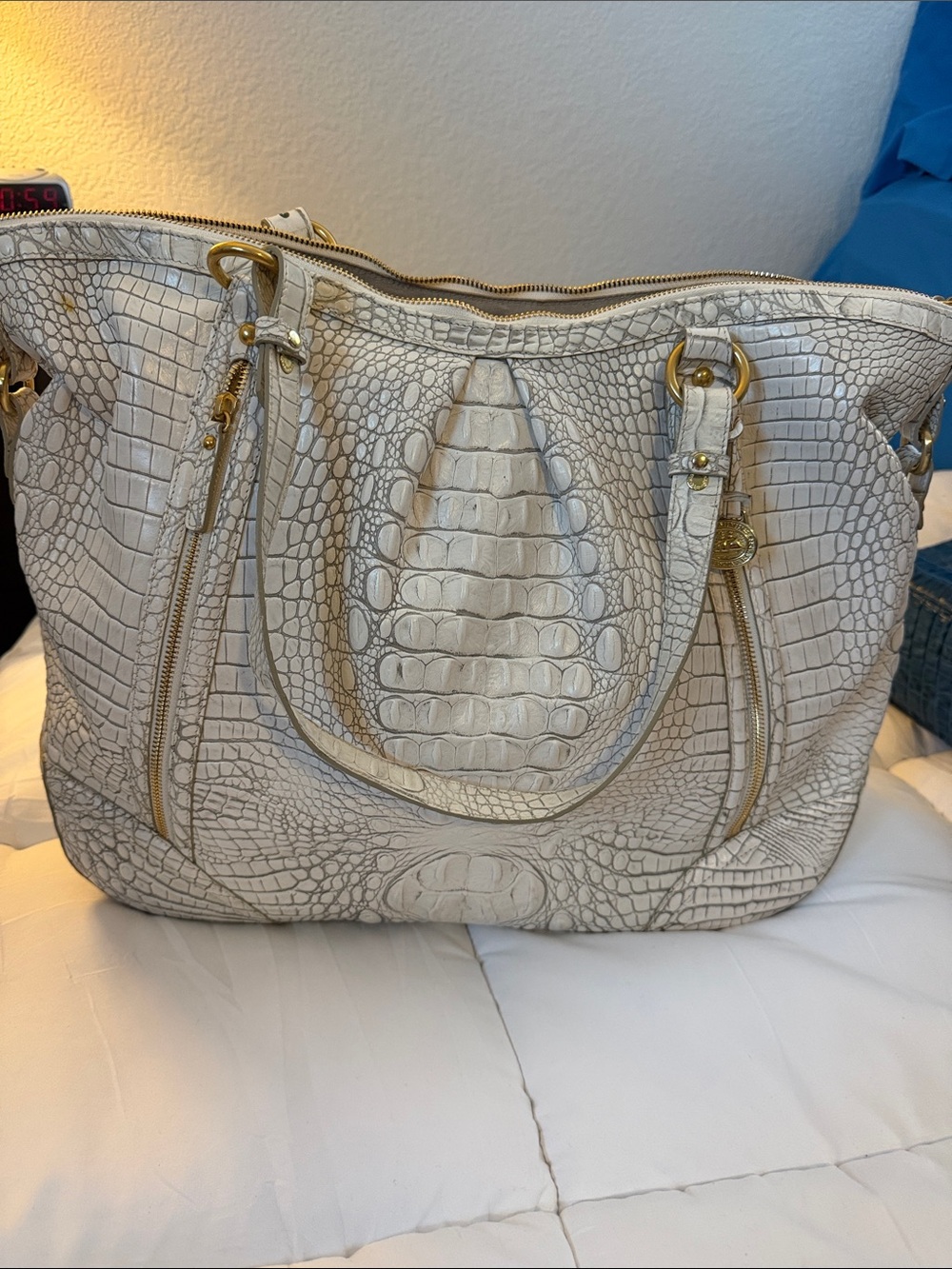 Brahmin Ivory Croc-Embossed Large Leather Tote with Gold Hardware